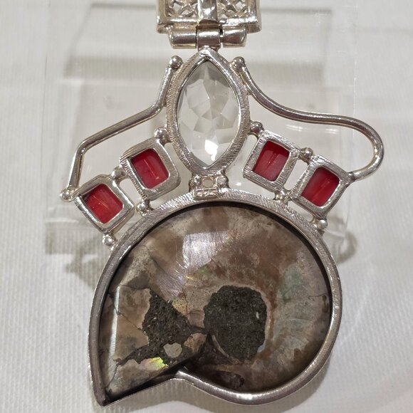Vintage Ammonite Shell Red Coral Clear Gemstone Handmade Sterling Silver Pendant - Picture 8 of 12